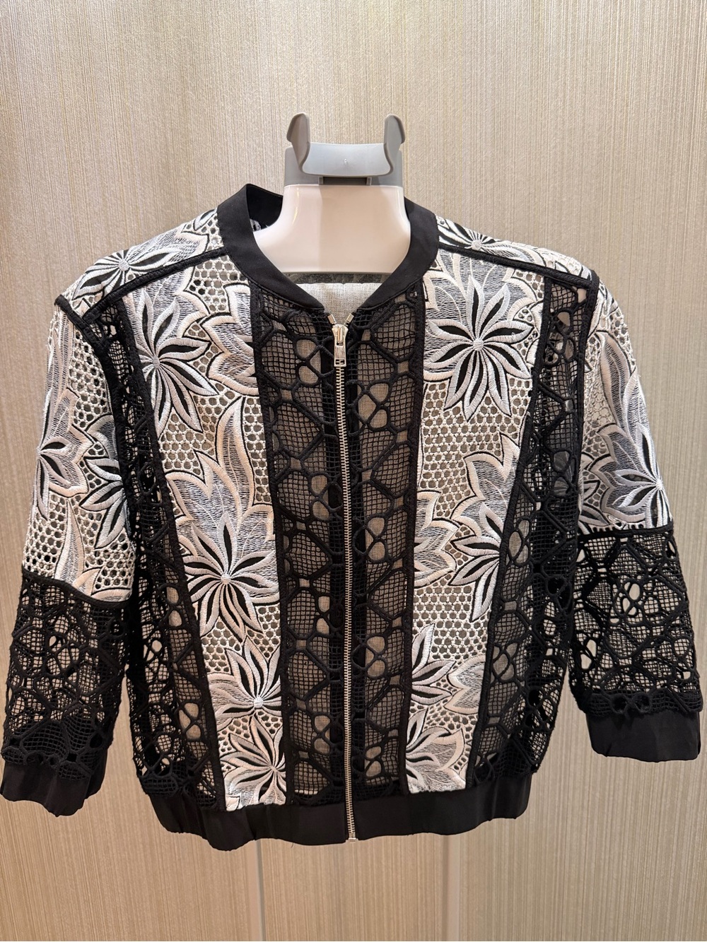 INTERMIX Black & White Floral Lace-Panel Bomber Jacket